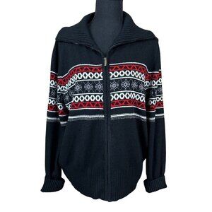 Josephine Chaus Black Red Fair Isle Nordic Full Zip Sweater Size XL